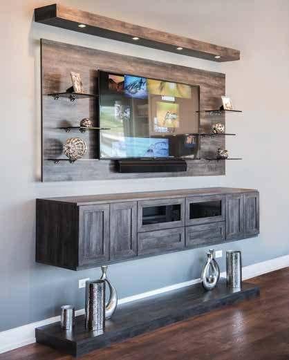 MEDIA CENTERS OTHER SPACES SMOKED GLASS PANELS WITH OPEN FRAME DOOR AND 180 HINGE Suspended Media Center in Vintage Laminate with
