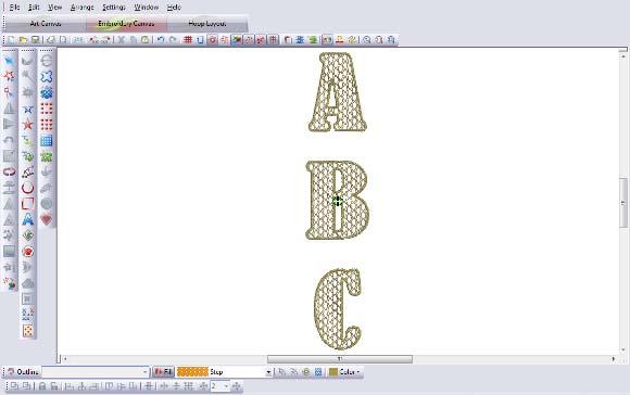 From the View menu, use the measuring tool to position the letters approximately 1.3 apart. The entire design should be 13.62 in height. Select all three letters and choose Align Centers Vertically.
