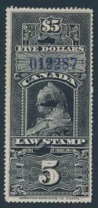 ... Van Dam $450 309 #FSC12 1897 $5 black Supreme Court Law Stamp, with red control number, used with a