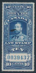 310 311 #FSC12 1897 $5 black Supreme Court Law Stamp, with blue control number, used with one punch cancel,