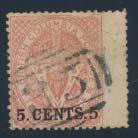 $50 388 389 #9 1867 5c on 3d bright red Surcharged Heraldic, Perforated 14, used, with ideal #35 in grid cancel, sheet margin at right.