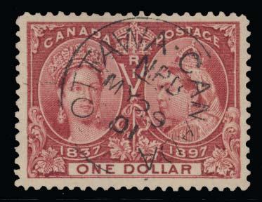 1897 Jubilee Issue continued 488 #57 1897 10c brown violet Jubilee, a very well centered stamp with a socked on the nose Quebec duplex of Nov 3, 1900.