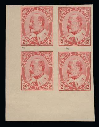 ...Unitrade C$1,800 515 ** #90iii 1903 2c carmine Edward Imperforate Type I, lower left corner block of this rare type from Plates 1 and 2. No gum as issued. ex. Sir Gawaine Baillie with 2007 A.I.E.P. Certifi cate.