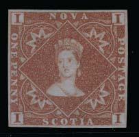 New Brunswick continued Nova Scotia 861 E/P #5P 1860 5c brown Connell plate proof on India on card, fresh deep colour with perforations privately added to appear as the unissued stamp. Ex. R.