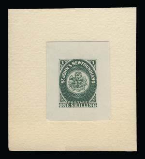 ... Est $750 Prince Edward Island 886 E/P #1/9 1857 1d/1sh green Heraldic Die Proofs, set of seven Die Proofs on card, one shilling mounted on larger card.