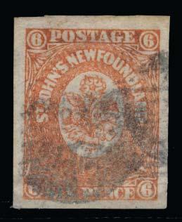 Newfoundland continued 898 #13 1860 6d orange Heraldic on medium wove paper, used with narrow margins touching framelines on three sides, clear at top, and stamp is thinned.