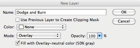 Dodge and Burn with Layers Create a new Layer. From a menu (but not the icon), select Layer/New. This window should appear: Change the Name to Dodge and Burn. Change the Mode to Overlay.