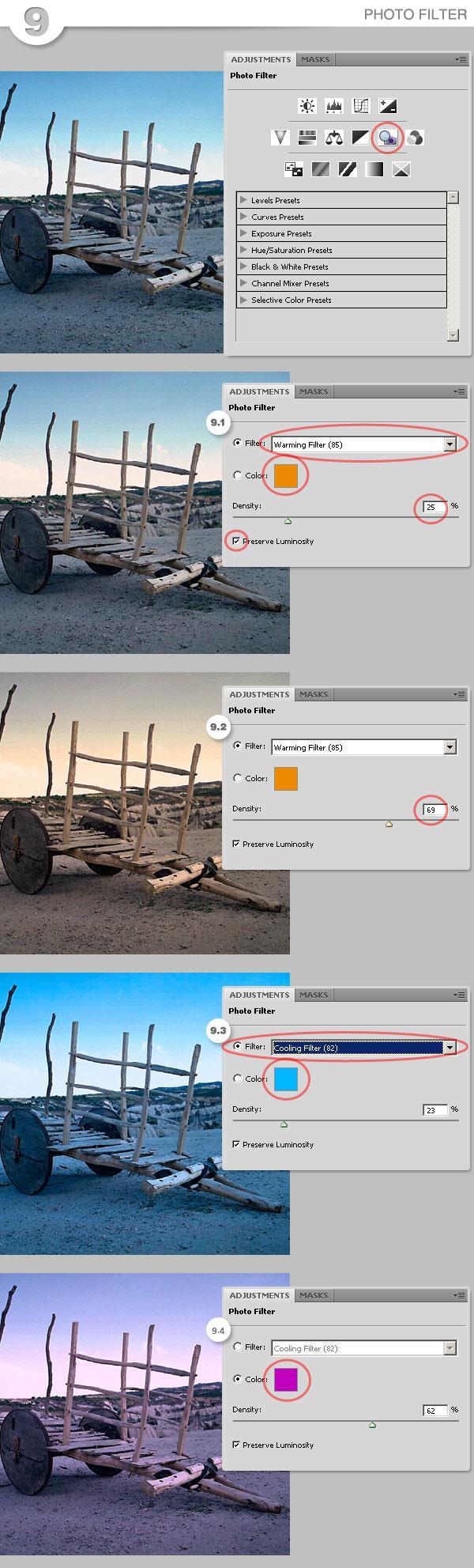 color intensity. Image 9.2 shows a warming filter by using an orange tone, and 9.3 shows a cooling filter by using a blue tone.