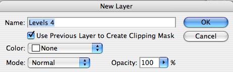 A new layer A window pops up, this is where you check the Use Previous Layer to Create Clipping Mask.