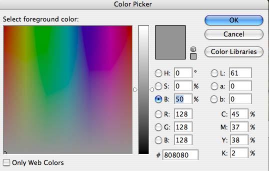 The Dodge layer: Change the foreground color, double click the foreground color and a new window will open up. Change the HSB B color A to 0,0 50, hit OK.