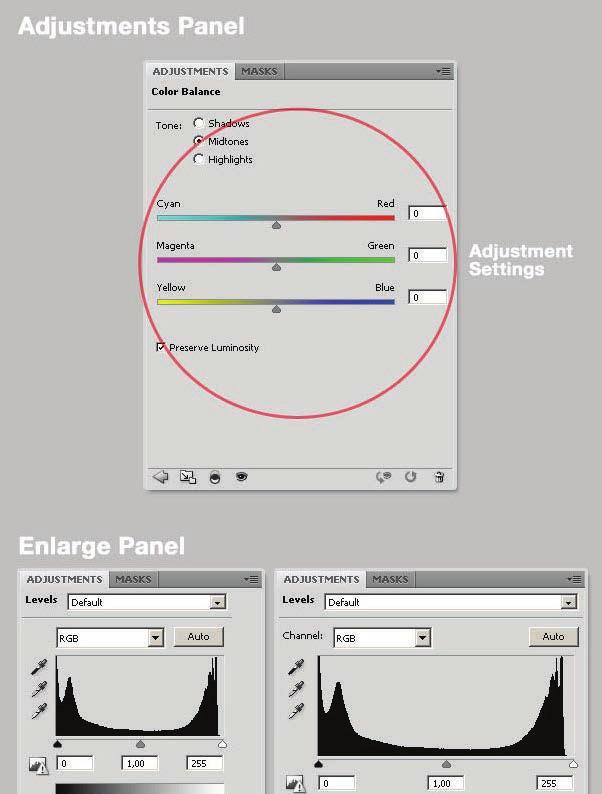 Once you select any of the Adjustments, you ll see the Settings options on the panel, you can enlarge the panel if that works better for you.