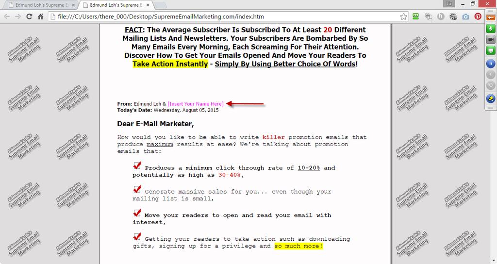 Example Images: Note: I recommend watching the install video that goes along with this document to learn how to edit your sales page. You can find that link at the beginning of this document.