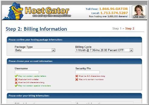 Find a Website Host Provider STEP 4: Fill in Billing Information You can elect to pay per month or