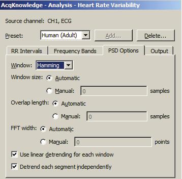 The HRV algorithm in AcqKnowledge 3.9 and above conform to the frequency domain algorithm guideline a publihed by the European Heart Journal.