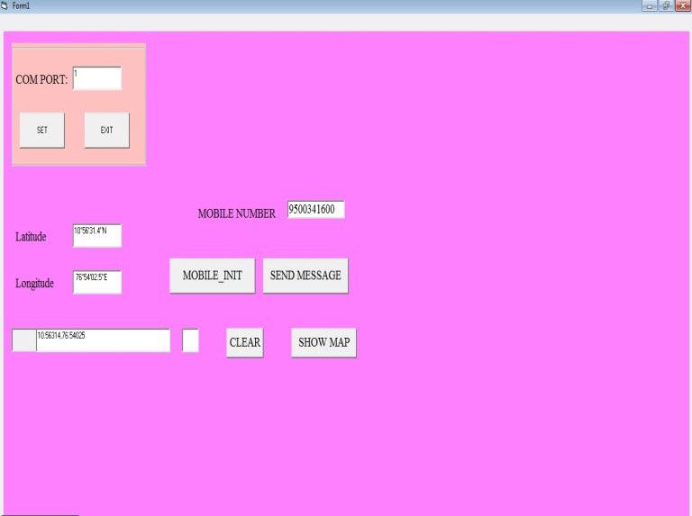 Next, A GUI(Graphical User Interface) was created in PC using Visual Basic 6.0. The user can request for the present location of the vehicle via a SMS (Fig.