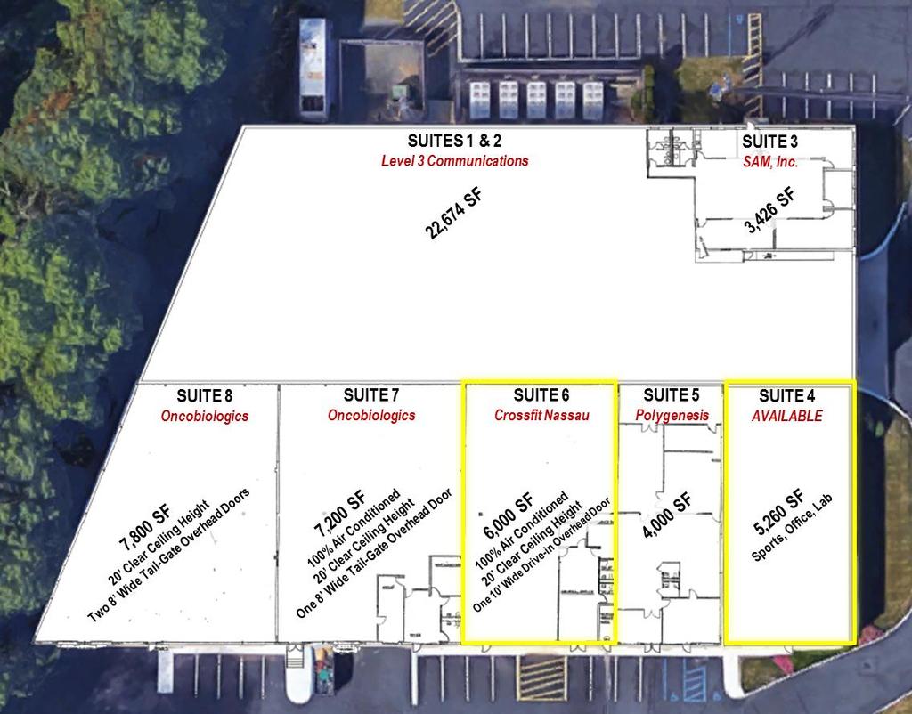 Available for Lease: Suite 6-6,000 SF Fully Air Conditioned 20 Clear Ceiling Height One Drive-in Overhead Door Available for Lease: Suite 4-5,260 SF 12 Clear Ceiling Height Windows on 2 Sides
