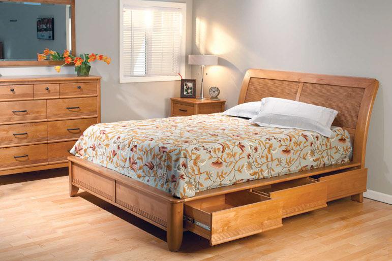 The gracefully curved headboard and case pieces are accented with a beautiful reeded detail. The storage bed features extra deep English dovetail drawer construction.