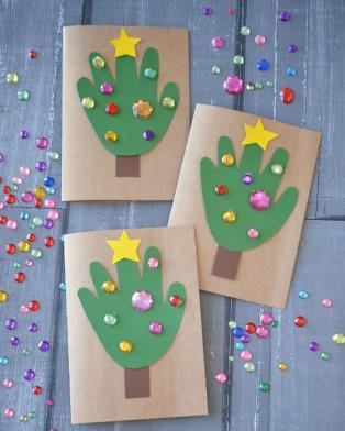 Wee Learners (4-5 years): Handprint Christmas Tree Cards Cardstock to for the card Green/Brown/Yellow Construction paper Scissors Rhinestones Pencil or Pen 1.