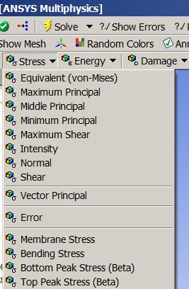 Postprocessing 15. Add results to solution: a. Highlight the solution branch: b. From the context menu, choose Stress > Equivalent (von-mises) or RMB > Insert > Stress > Equivalent (von-mises) c.
