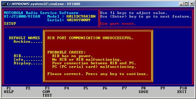 F3 COM TEST This illustrates a failed communications