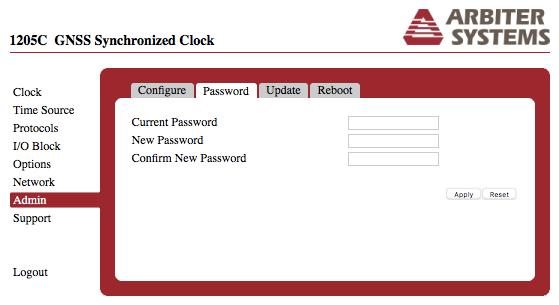40 User Interface (UI) 5.3.5 Configure Password To configure the password, select the Admin menu and click the Password tab. Fill in the current and new passwords.