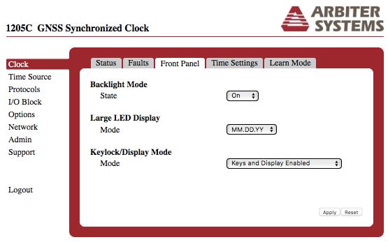 42 User Interface (UI) 5.3.8 Configure Front Panel Elements Select the Clock menu and click on the Front Panel tab. Select the Backlight Mode drop down menu as either Off, Auto or On.