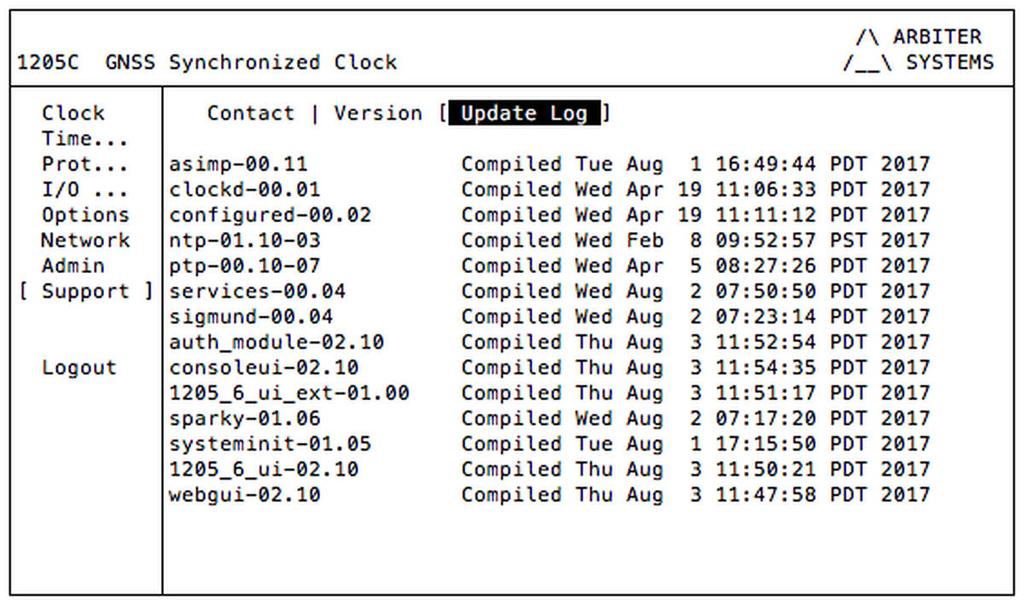 68 SSH Console Interface Preliminary 6.2.9 Support Update Log Figure 6.9 illustrates the ssh (firmware) update log page for the clock. Figure 6.9: Firmware Update Log Page Using SSH 6.2.10 Other SSH Console Features The previous items are representative of what the SSH Console currently features and how they function.