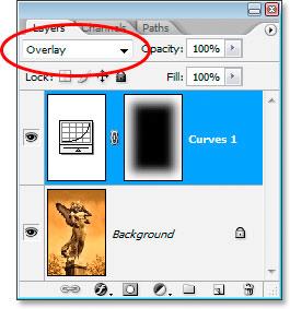 To do that, with the Curves adjustment layer selected, go up to the Opacity option in the top right corner of the Layers palette, hover your mouse directly over the word Opacity which turns your