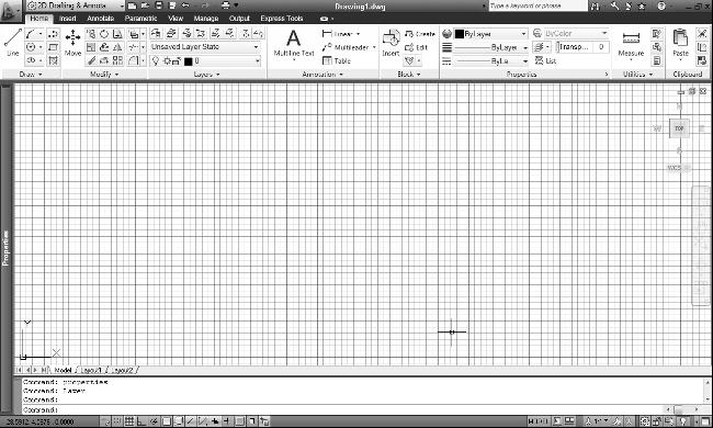Chapter 1: Starting to Draw FIGURE 1.1 The AutoCAD and AutoCAD LT screens are very simiar. The AutoCAD LT screen doesn t incude the Express Toos tab on the Ribbon.