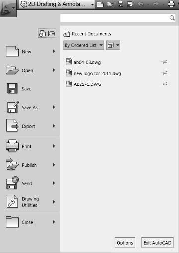 Part I: AutoCAD and AutoCAD LT Basics FIGURE 1.3 The Appication Button offers fie-reated commands, recenty opened drawings, access to other open drawings, and a Search box.