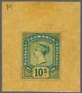 , with the Essay drawn in violet and purple including TWO SHILLINGS AND SIX PENCE and the head-plate in this colour, the central cicles, TASMANIA and POSTAGE & REVENUE being picked out in Chinese