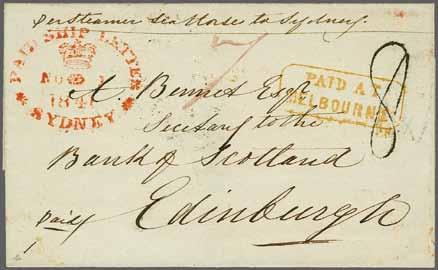 221 Corinphila Auction 23 November 2017 117 Stampless Mail 6368 6368 1841: Cover from Melbourne to Edinburgh, Scotland endorsed 'per Steamer 'Sea Horse' to Sydney', struck with superb framed PAID AT