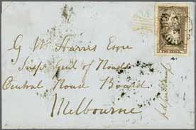 deep purple-brown, position 37 (MR), a magnificent used example of lovely colour, large margins all round, used on 1853 cover within Melbourne, tied by neat "1/V" oval obliterator with 'Melbourne /