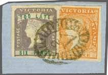 lilac & green, a fine example in a bright vibrant shade, used on small piece with overlapped 1854 6 d. dull orange tied by oval "2/V" obliterator of Geelong in black. A charming piece Gi = 250+.