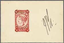 138 221 Corinphila Auction 23 November 2017 1873/87, New Design by William Bell J. R. W. Purves 6444 6444 Essay by William Bell for ½ bantam value, handpainted in deep rose-red and pale rose on card (56 x 38 mm.
