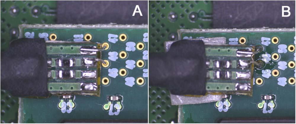 Soldering P7500 to the Oscilloscope Version of a Nexus DDR Component Interposer Board Figure 5. A: Tip wires in via and ready for soldering. B: Tip soldered to board.