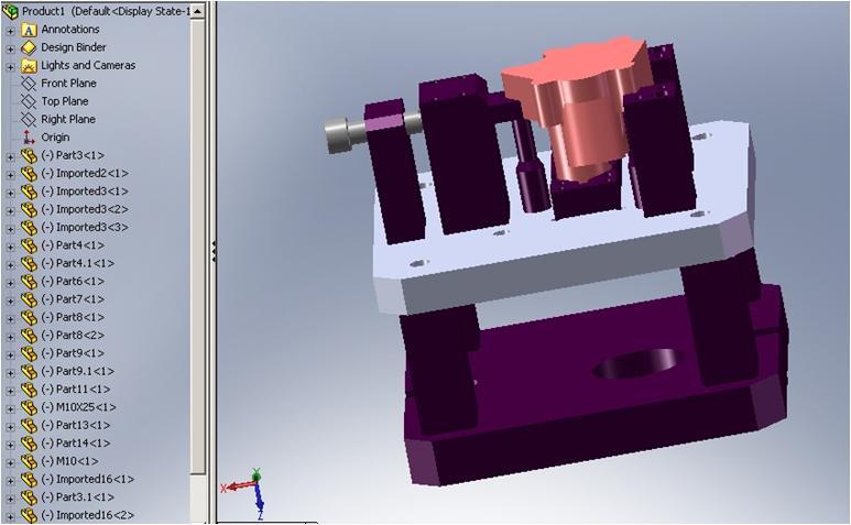 Fig.13: Catia Model of valve plate and fixture assembly VII. CONCLUSIONS 1. The changes made in fixture design eliminated the error of low wall thickness while manufacturing the valve plate. 2.