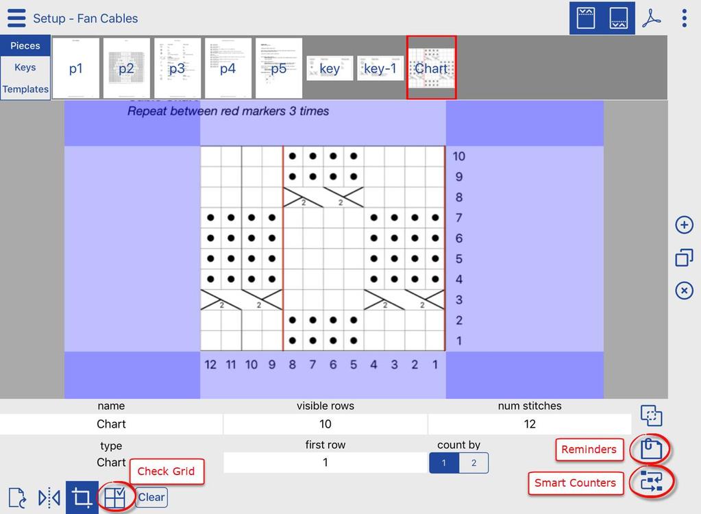 Chart Piece 1. Select the chart piece from within Setup Mode. 2. Enter the number of visible rows. 3. Enter the number of stitches. 4. Enter the row number the chart starts on. 5.