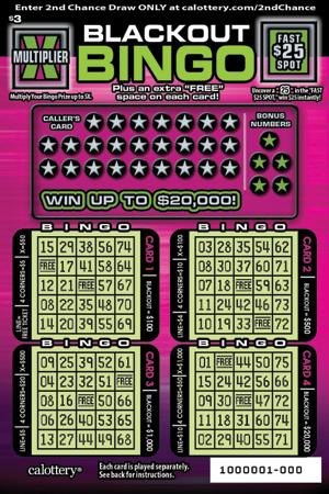 $ 3Game #1139 Blackout Bingo Win Up to $20,000! Fast $25 Spot! Two Free Spaces! PRIZE PAYOUT 62% After game start, some prizes, including top prizes, may have been claimed.