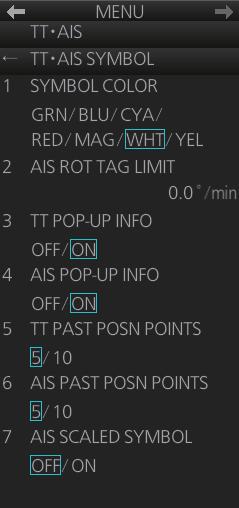 4. AIS OPERATION 4.10 AIS Symbol Color 1. Right-click the AIS mode indication then click [Symbol Menu] to show that menu. 2. Select [1 SYMBOL COLOR] and desired color.