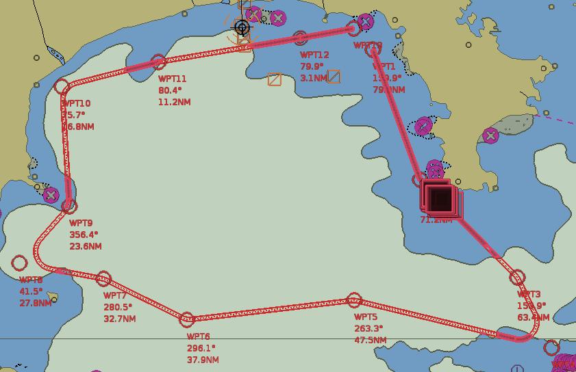 11. CHART ALERTS 11.4 Route Monitoring When the ship enters a check area specified as a caution alert, a visual alert is generated. Neither the object in the area or the route is highlighted.