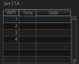 12. ROUTES 3) For [Time Table], the [Set ETA] window appears. Set the ETA to use for each waypoint. To enter the Time and Date, click the [Date] window to show the [Date Set] window.