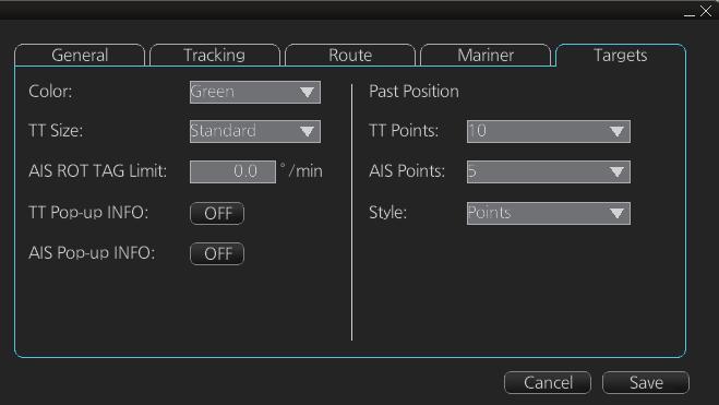 18. TT AND AIS DISPLAYS 18.1.4 Past position point attributes You can define past position point attributes for tracked targets by points and style. 1. Click the [DISP], [SET] and [Symbol DISP] buttons on the InstantAccess bar to show the [Symbol Display] menu.