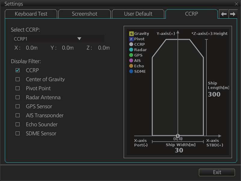 23.11 CCRP 23. SETTINGS MENU The [CCRP] page provides for selection of CCRP (Consistent Common Reference Point) and shows the location of various sensors. No.