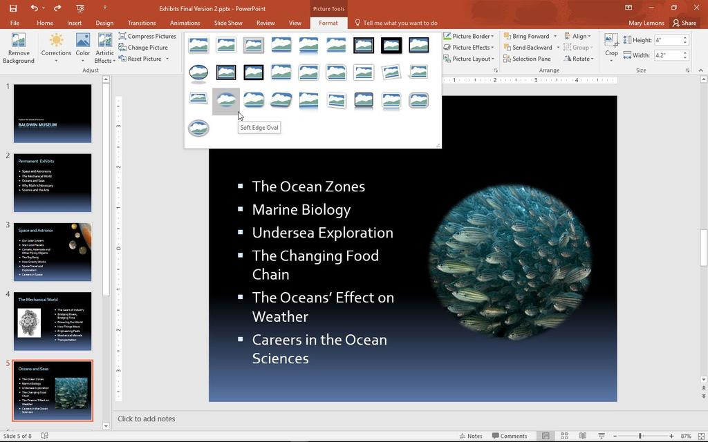 Adding Graphics to a Presentation 149 Applying a Style to an Image PowerPoint provides a number of styles you can use to apply borders and other effects to images.