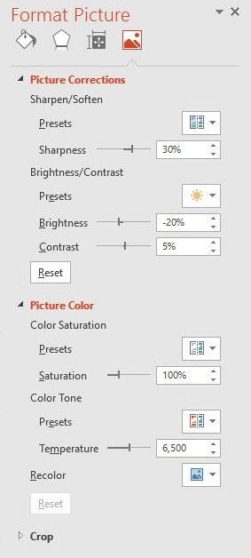 Adding Graphics to a Presentation 151 Figure 8-11 Correct a picture from the Format Picture task pane Sharpness slider Contrast slider Applying Color Adjustments Color adjustments enable you to