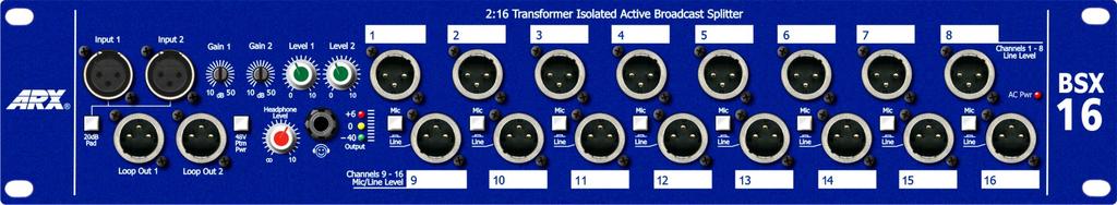 passive, no power required, ultra low noise design, transformer balanced in- and outputs CHF 580 BSX 16 1 or 2 in, 16 out transformer isolated active