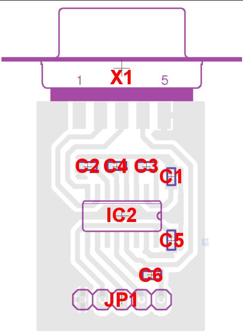 Piikriba JP1 väljaviigud peavad jääma mikrokiibi IC2 suhtes teisele poole plaati (Joonis 16). Juhendi, kuidas programmeerimiskaablit ühendada RS232 ja mikrokontrolleri mooduliga on lisas 1.