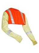 Green, 9 oz/yd², 100% cotton, flame resistant whipcord material; 30 long; hi-viz reflective vertical striping on shoulders, front and back; horizontal striping around midsection and arms; snap