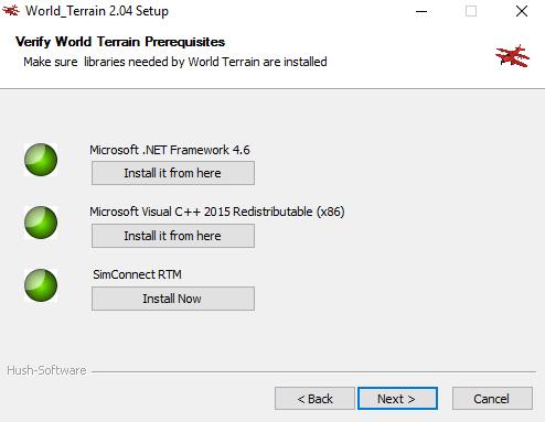 INSTALLATION 1. Just run the installer named Setup_World_Terrain.exe 2. The Simulator checks that pre-required software is installed and displays red or green lights.